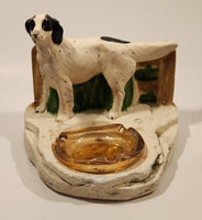 Vintage 1949 Orn-A-Craft Product White and Black Dog Chalkware Ashtray Holder with Peach Glass Ashtray