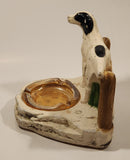 Vintage 1949 Orn-A-Craft Product White and Black Dog Chalkware Ashtray Holder with Peach Glass Ashtray