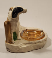 Vintage 1949 Orn-A-Craft Product White and Black Dog Chalkware Ashtray Holder with Peach Glass Ashtray