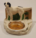 Vintage 1949 Orn-A-Craft Product White and Black Dog Chalkware Ashtray Holder with Peach Glass Ashtray