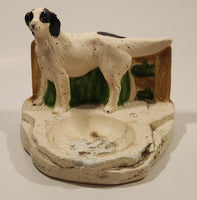 Vintage 1949 Orn-A-Craft Product White and Black Dog Chalkware Ashtray Holder with Peach Glass Ashtray