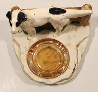 Vintage 1949 Orn-A-Craft Product White and Black Dog Chalkware Ashtray Holder with Peach Glass Ashtray