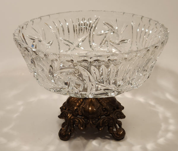 Vintage Ornate Brass Footed Pedestal Pinwheel Crystal Glass Bowl