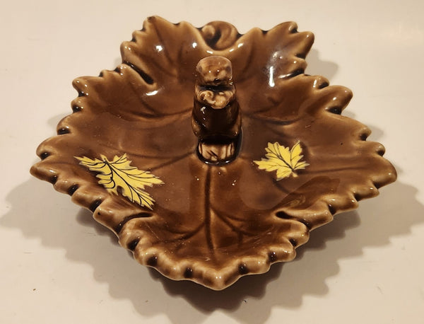 Vintage 1951 Shafford Canadian Beaver Brown Maple Leaf Shaped Hand Decorated Ceramic Ashtray Nut Dish Made in England