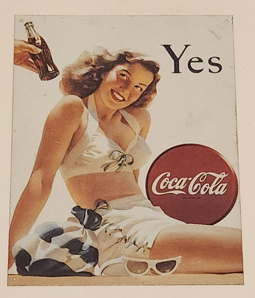 Coca Cola Yes Girl Sitting in White Bathing Suit Tin Metal Sign 1946 Reproduction