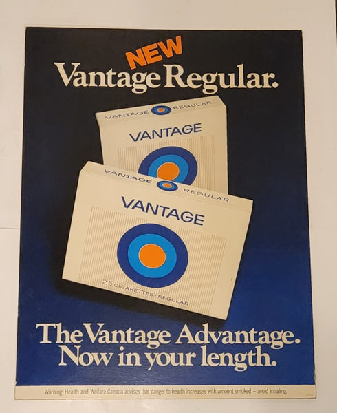 Rare Vintage Vantage Regular Cigarettes The Vantage Advantage Now in your length Double Sided Cardboard Store Advertising Sign