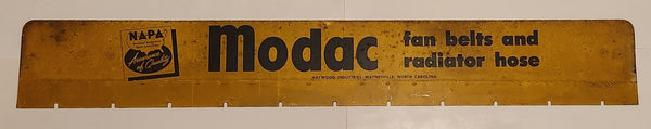 Rare Vintage NAPA Modac Fan Belts and Radiator Hose Assurance of Quality Yellow 5" x 34" Display Rack Topper Metal Sign