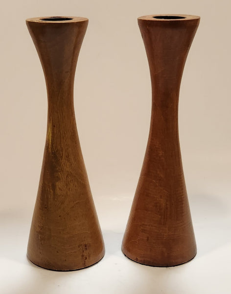 Teak Turned Wood 7" Tall Candle Holder Stands Set of 2