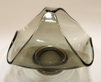 Vintage MCM Dark Grey Smoke Tinted Art Glass Candy Nut Dish Basket Bowl with Handle Tips Touching