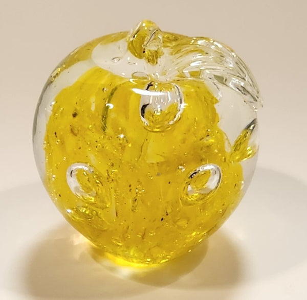Vintage Art Glass Fruit Clear Yellow Apple Explosion with Bubbles 2 5/8" Tall Ornament Has Chip