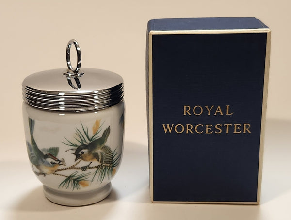 Royal Worcester Blue and Yellow Birds Egg Coddler Poacher Porcelain Jar with Metal Lid Made in England New in Box