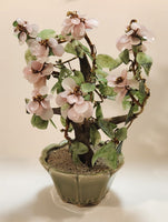 Vintage Chinese Art 12 1/2" Tall Pink Cherry Blossom Green Glass Jade Tree Ceramic Planter Fake Plant Sculpture