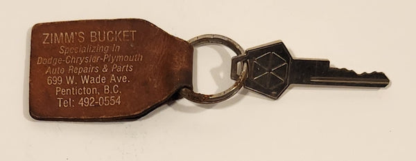 Vintage Zimm's Bucket Penticton, B.C. Brown Leather Fob Keychain Ring With Plymouth Valiant Key