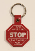 STOP Lock Your Car Take Your Keys Prevent Crime Working Together Red Plastic Fob Keychain Ring