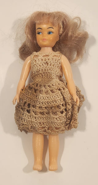 Vintage 1960s Strawberry Blonde Hair Crochet Dress 7" Plastic Toy Doll Made in Hong Kong