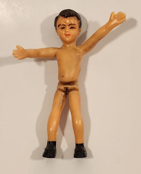 Vintage Mid Century Boy with Brown Hair 4" Rubber Toy Doll Made in Hong Kong