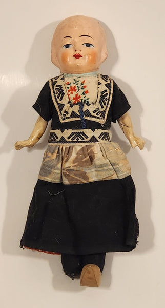 Vintage 1930s Composition Dutch Girl in Black Dress 7" Celluloid Toy Doll with Wood Shoes