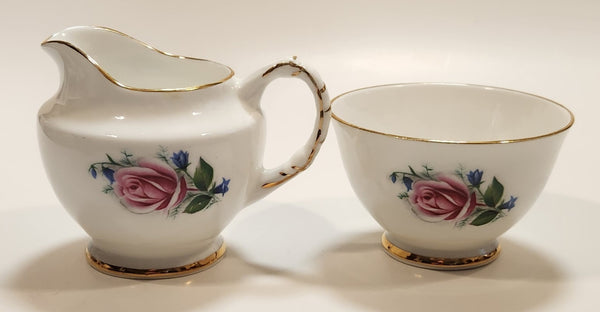 Vintage Delphine Red Rose Gold Trim Bone China Sugar Bowl and Creamer Pitcher Jug Made in England