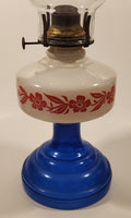 Antique Queen Ann Home Sweet Home Red Flower Decor Milk Glass and Blue Glass 18" Tall Oil Lamp