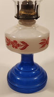Antique Queen Ann Home Sweet Home Red Flower Decor Milk Glass and Blue Glass 18" Tall Oil Lamp