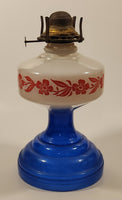 Antique Queen Ann Home Sweet Home Red Flower Decor Milk Glass and Blue Glass 18" Tall Oil Lamp