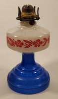 Antique Queen Ann Home Sweet Home Red Flower Decor Milk Glass and Blue Glass 18" Tall Oil Lamp