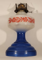 Antique Queen Ann Home Sweet Home Red Flower Decor Milk Glass and Blue Glass 18" Tall Oil Lamp