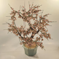 Vintage Chinese Art 22 1/2" Tall Pink Cherry Blossom Green Glass Jade Tree Ceramic Planter Fake Plant Sculpture