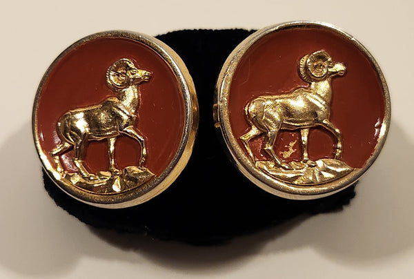 Big Horn Sheep Ram Standing on Cliff Red Background Gold Tone Cufflinks
