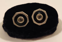 Antique Edwardian Black Enamel Rhinestone Octagonal Shaped Silver Tone Cufflinks