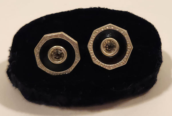 Antique Edwardian Black Enamel Rhinestone Octagonal Shaped Silver Tone Cufflinks