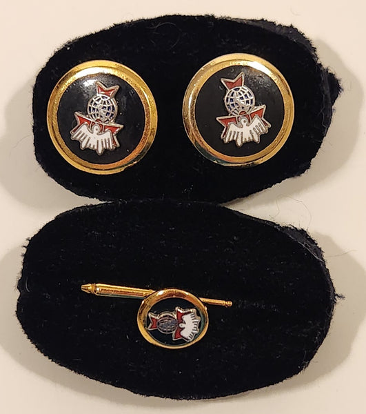 Vintage Knights of Columbus 4th Degree Enamel Gold Tone Cufflinks Set and Tie Stud