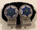 Vintage 1970s Envoy Blue Green White Concho Silver Tone Mesh Wrap Cufflinks