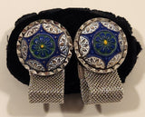 Vintage 1970s Envoy Blue Green White Concho Silver Tone Mesh Wrap Cufflinks