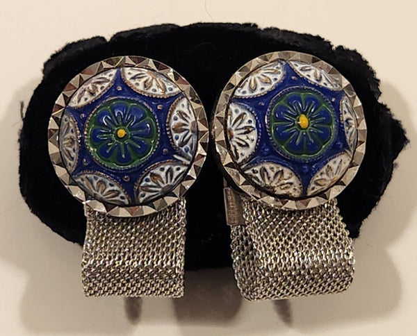 Vintage 1970s Envoy Blue Green White Concho Silver Tone Mesh Wrap Cufflinks