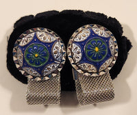 Vintage 1970s Envoy Blue Green White Concho Silver Tone Mesh Wrap Cufflinks