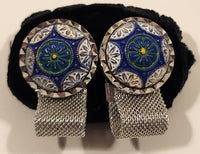 Vintage 1970s Envoy Blue Green White Concho Silver Tone Mesh Wrap Cufflinks
