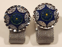 Vintage 1970s Envoy Blue Green White Concho Silver Tone Mesh Wrap Cufflinks