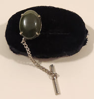 Vintage Dark Green Jade Metal Tie Tack Pin with Chain