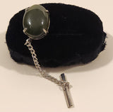 Vintage Dark Green Jade Metal Tie Tack Pin with Chain