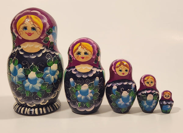 Vintage U.S.S.R Soviet Union Russian Purple Wooden Nesting Dolls Set of 5