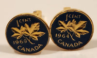 Vintage 1964 & 1969 Canada 1 Cent Penny Coin Blue Enamel Gold Plated Cufflinks