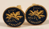 Vintage 1964 & 1969 Canada 1 Cent Penny Coin Blue Enamel Gold Plated Cufflinks