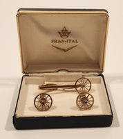 Vintage Hickok USA Spinning Moving Chuck Wagon Wheel Gold Tone Cufflinks and Tie Tack In Fran-Ital Case