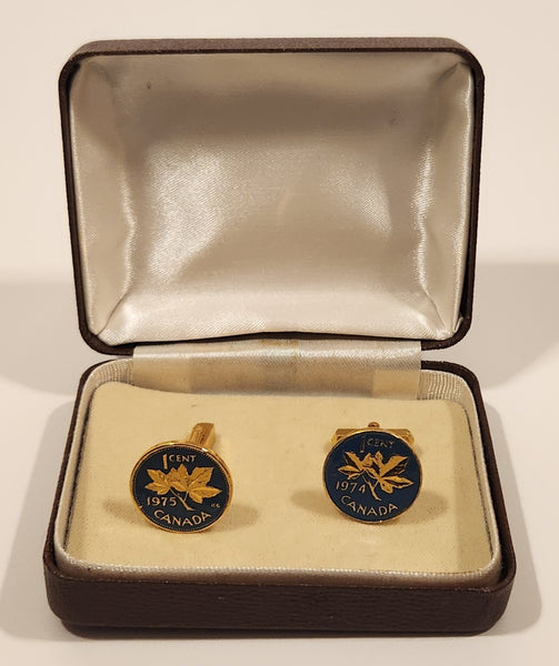 Vintage 1974 & 1975 Canada 1 Cent Penny Coin Blue Enamel Gold Plated Cufflinks In Case