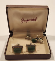Rare Vintage Imperial Green Jade Sterling Silver Tone Cufflinks and Tie Tack In Case