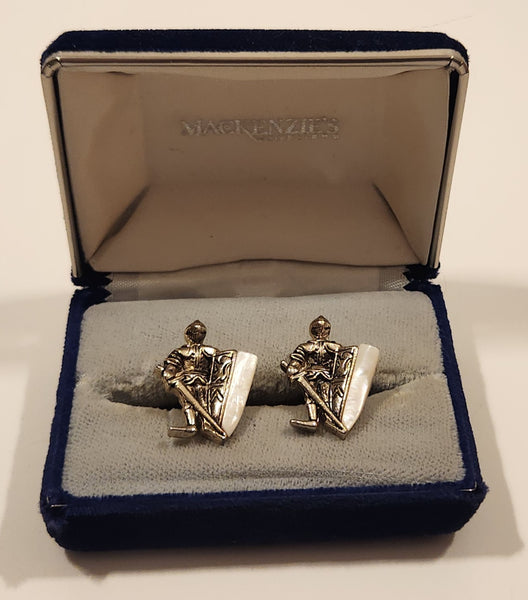 Vintage 1945 Stratton Pat. L 144.883 Medieval Knight With Sword and Shield Mother Of Pearl Silver Tone Metal Cufflinks In Case