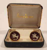Vintage Dante Museum Wild Horses Dark Red White Inlaid Cameo Gold Tone Cufflinks In Murray Goldman Case