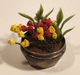 Antique Sterling Red and Yellow Plastic Flowers in Sterling Silver Flower Pot Dollhouse Sized Miniature Toy