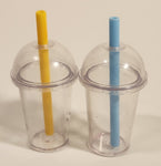 Miniature Toy Dollhouse Size Frozen Drink Clear Domed Lidded Cups with Straws Set of 2